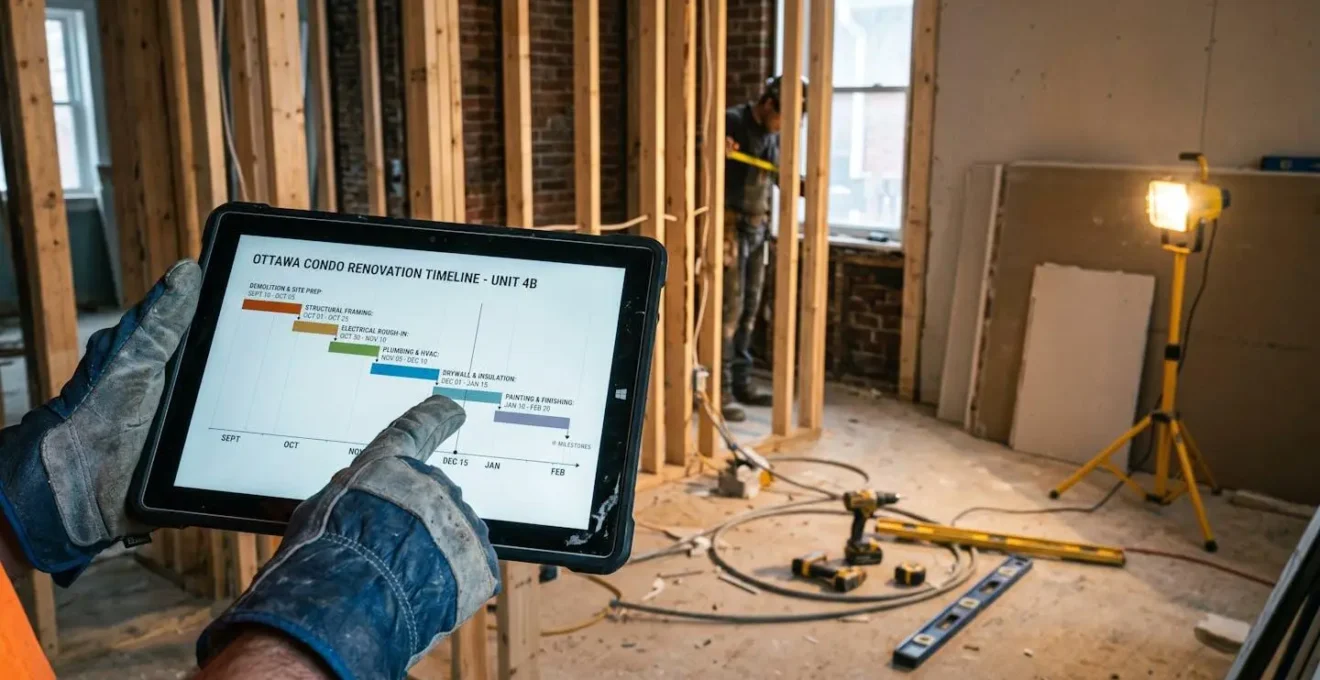 Contractor reviewing digital project timeline on tablet at active Ottawa renovation site with framed walls and construction materials visible in background