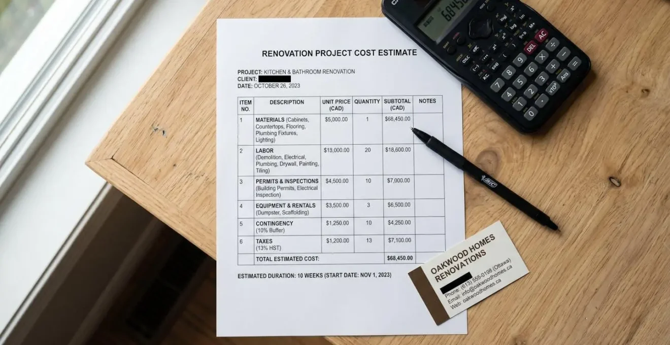 Detailed renovation cost estimate document with itemized breakdown showing materials and labor costs, calculator and pen on clean work surface