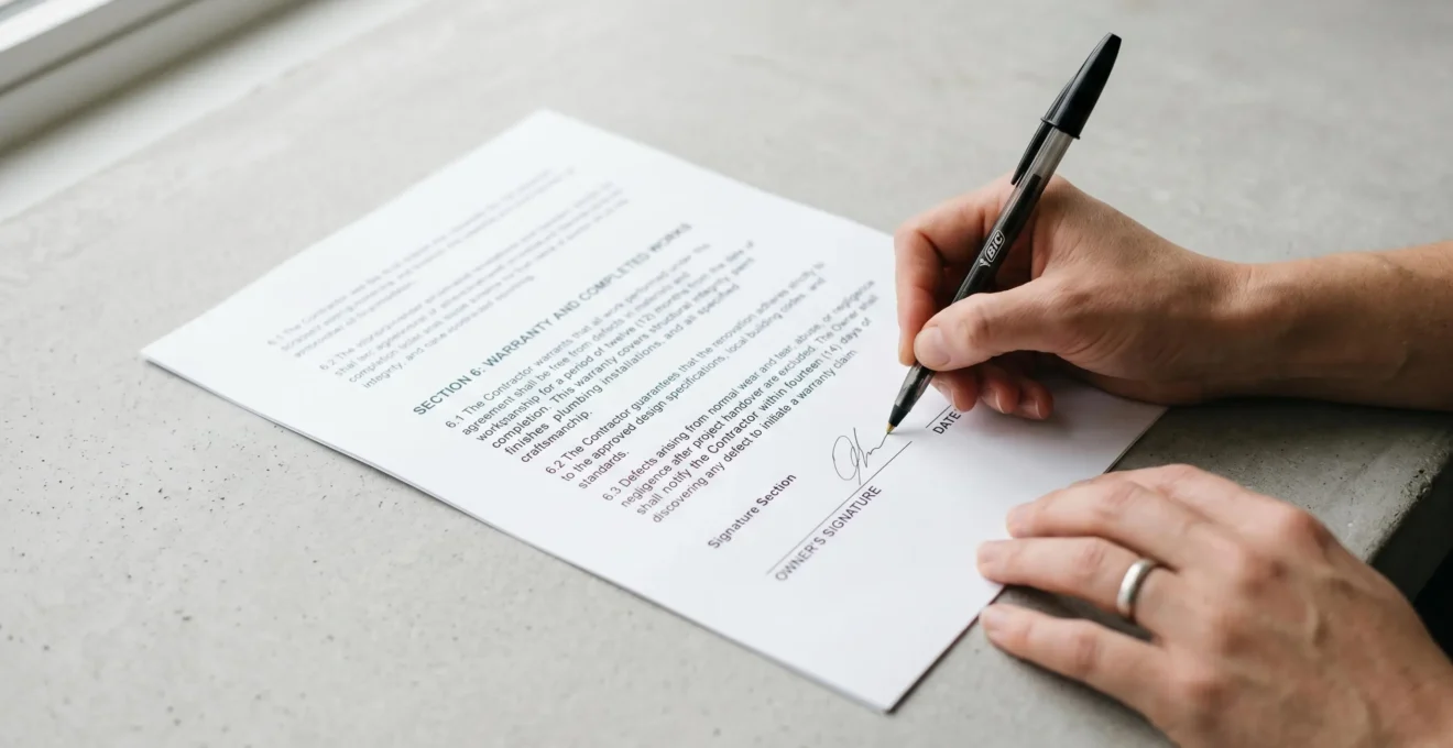 Renovation contract warranty section being signed with professional pen on clean table surface showing clear warranty terms in writing