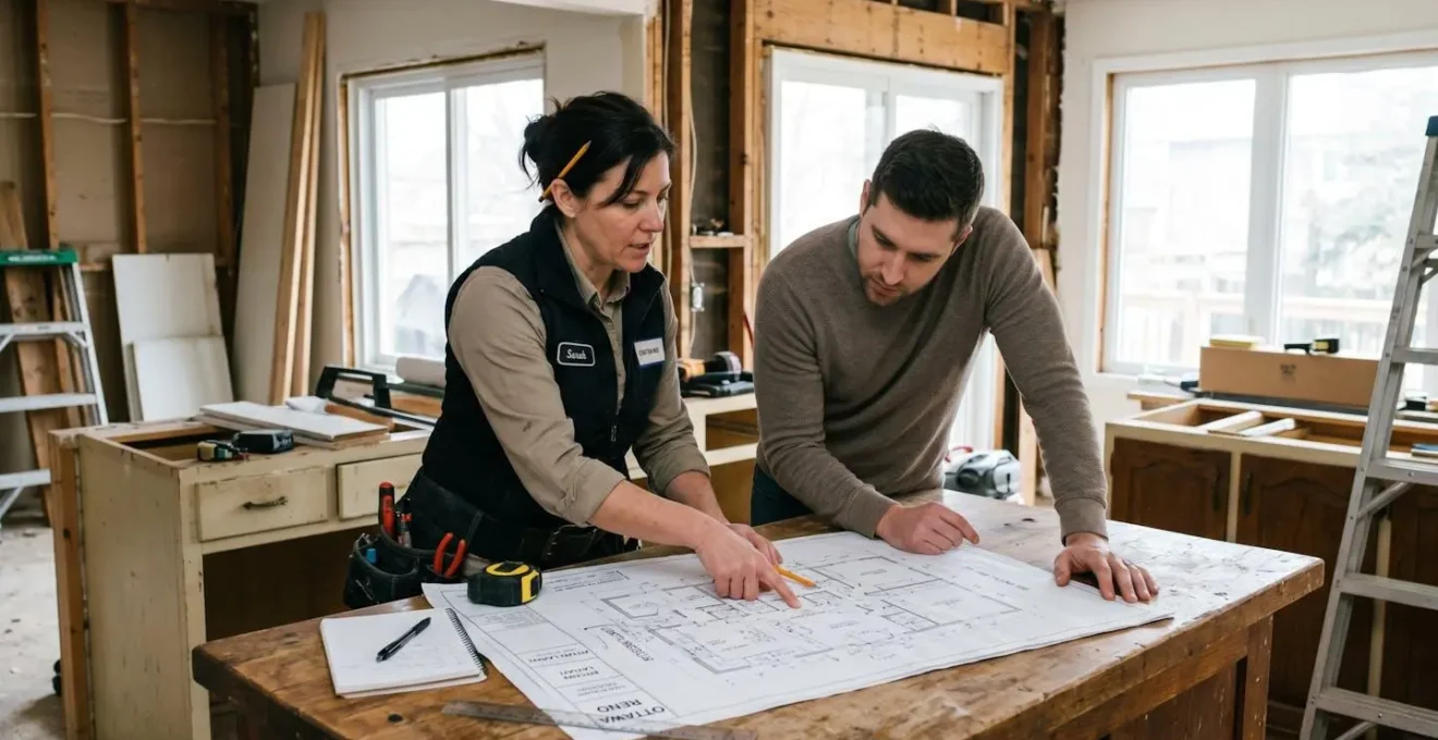 Renovation contractor and homeowner reviewing architectural blueprints together at kitchen counter in Ottawa residential property with natural window lighting