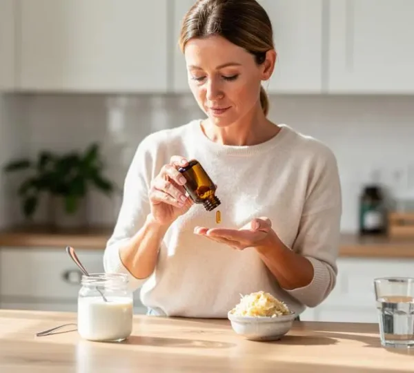 A woman opens a probiotic supplement bottle in her kitchen, with yogurt and fermented foods on the counter.