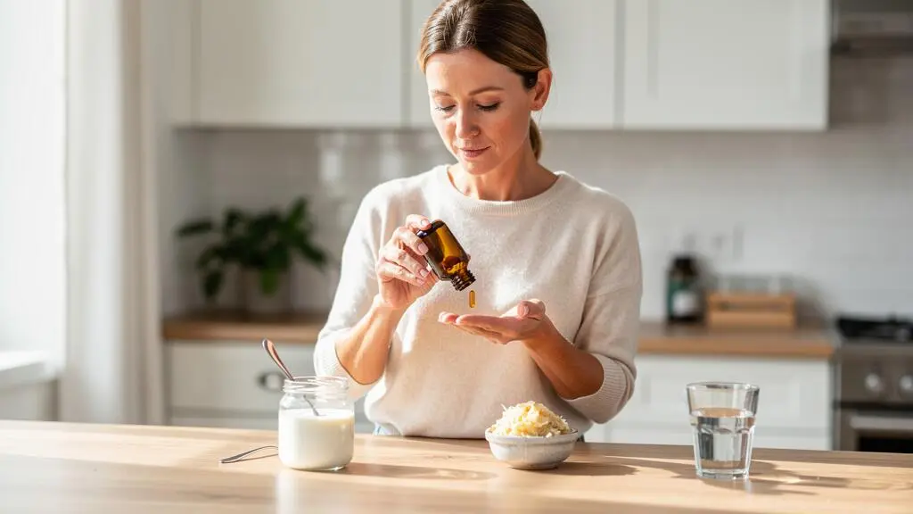 A woman opens a probiotic supplement bottle in her kitchen, with yogurt and fermented foods on the counter.