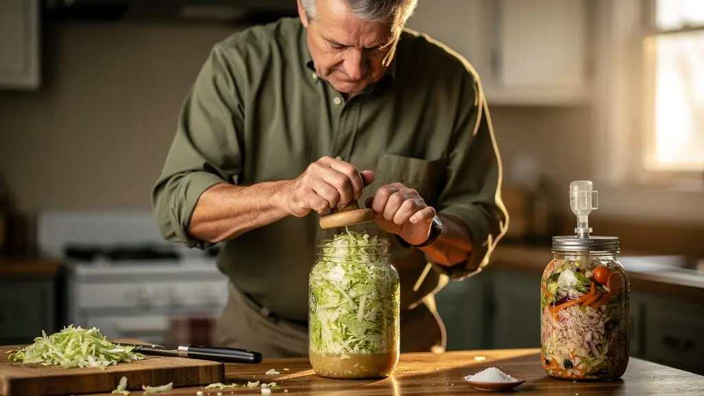 A man presses shredded cabbage into a glass jar as he prepares homemade fermented vegetables.