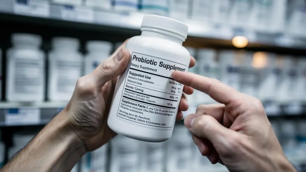 A customer's hands turn a probiotic supplement bottle to read the strain and CFU details on the label.