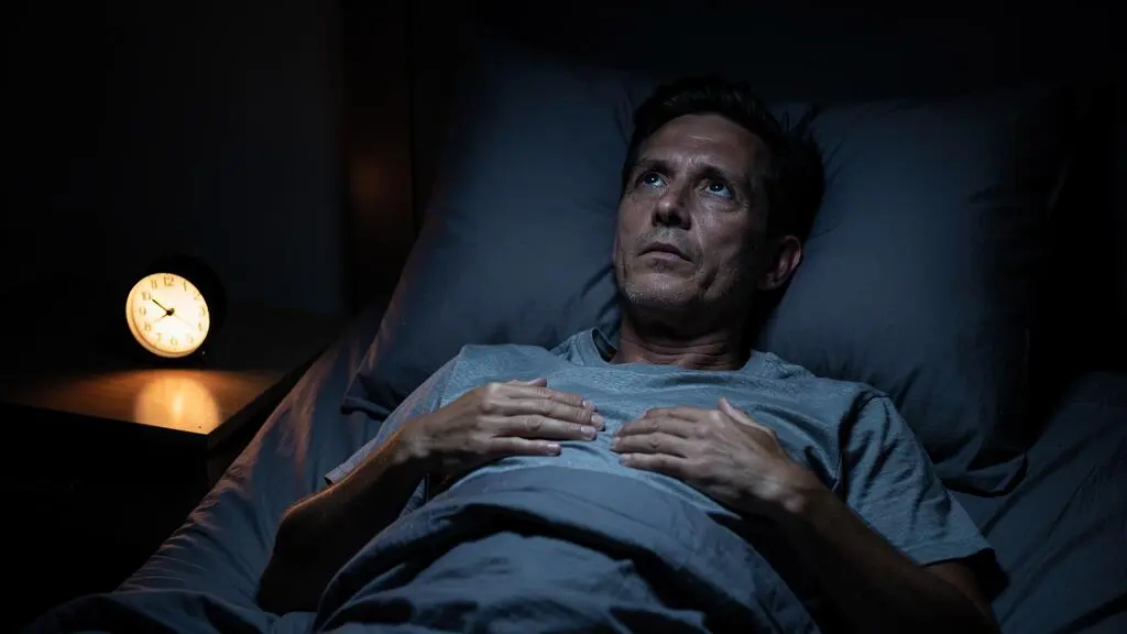 A man lies awake in bed at night, staring at the ceiling with a softly glowing alarm clock on the nightstand.