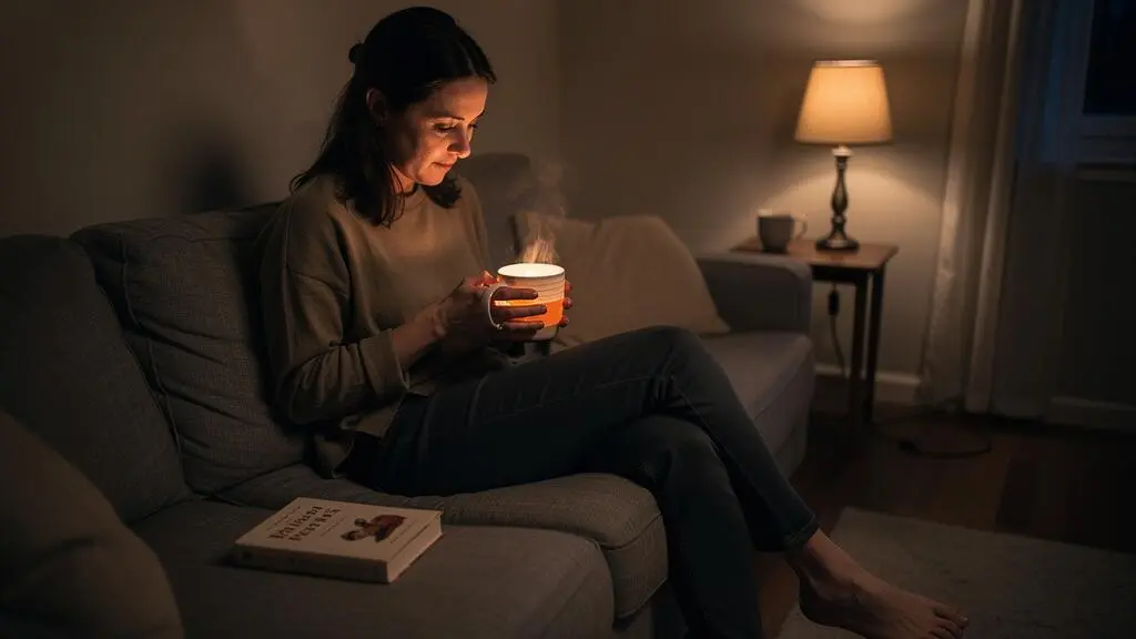 A woman sits on a sofa in the evening holding a warm mug of herbal tea beside a lit table lamp during her wind-down routine.